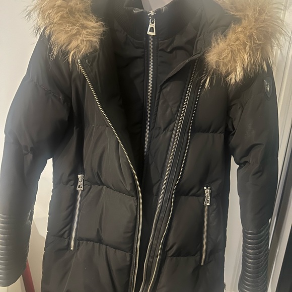 Rudsak black double zippper jacket leather sleeve with fur size S mid length - Picture 6 of 11